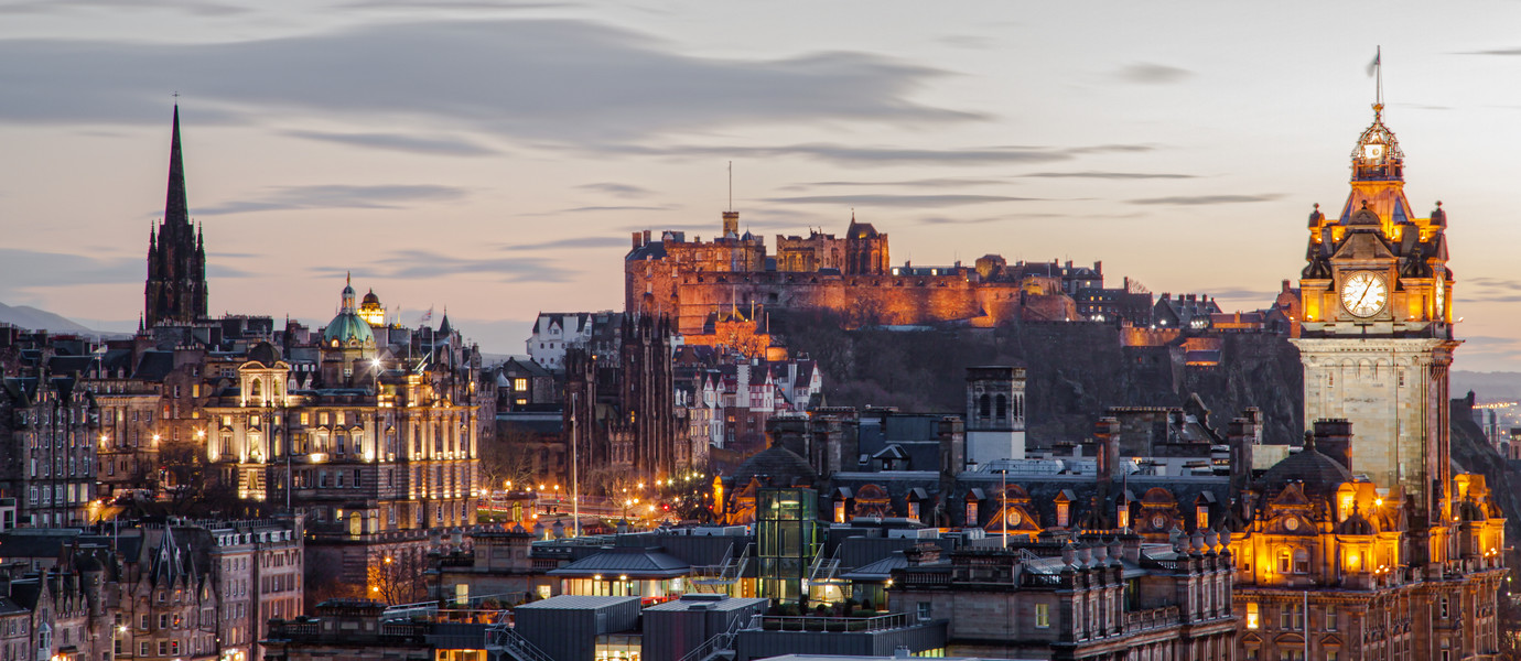 The town of Edinburgh at sunset Scotland. High quality photo